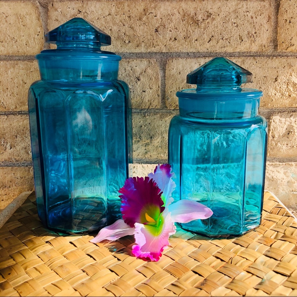 MCM VINTAGE L. E. SMITH BLUE GLASS CANISTER SET π - Picture 1 of 6